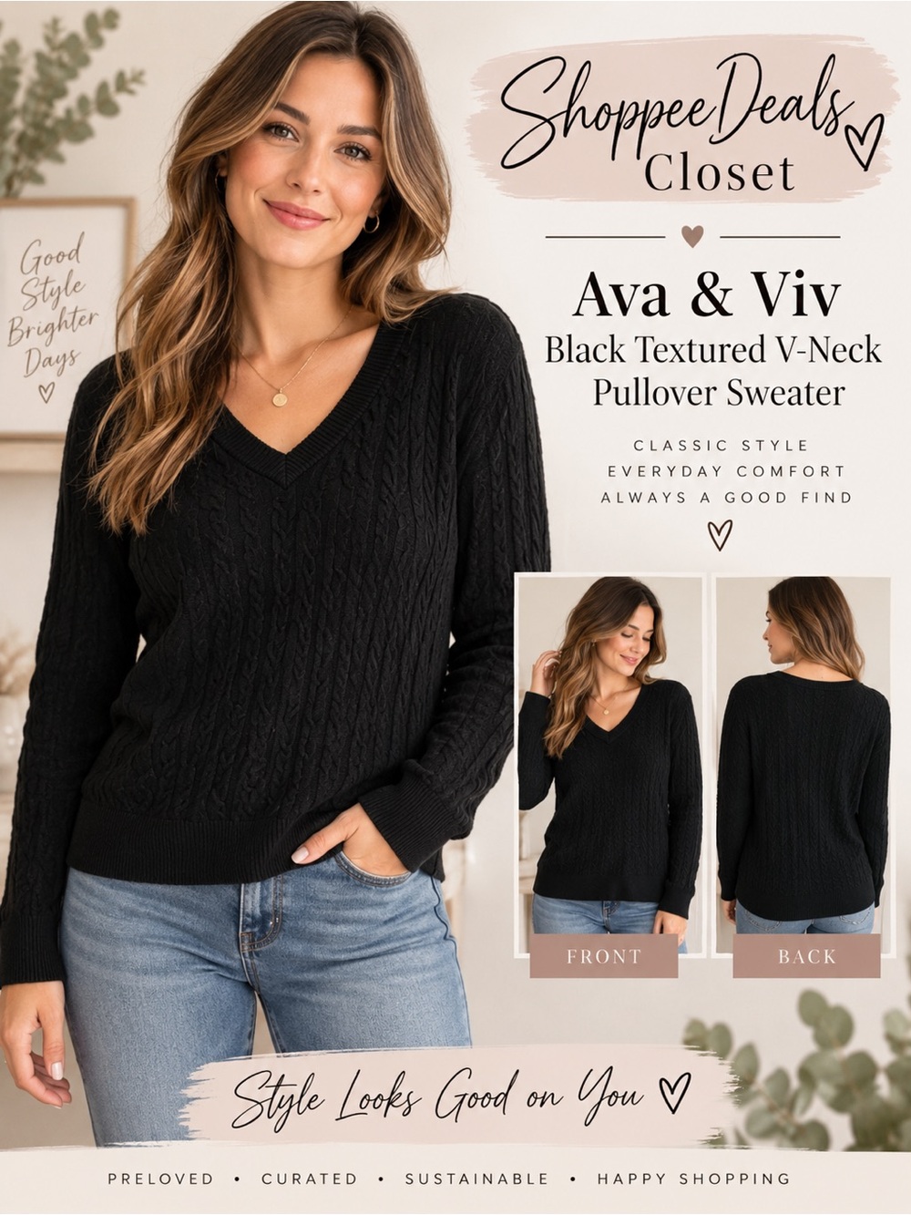 Ava & Viv Black Textured V-Neck Pullover Sweater